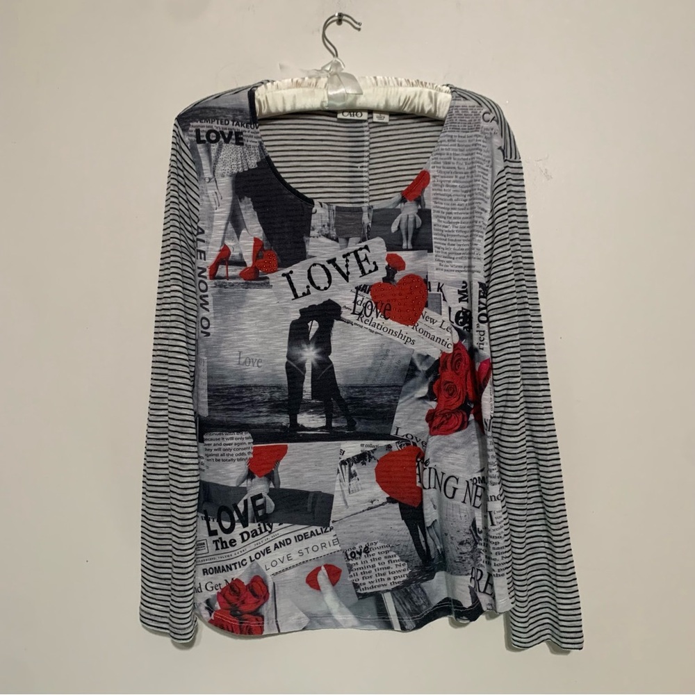 Cato Striped Long Sleeve Top with Red and Black Accents Large